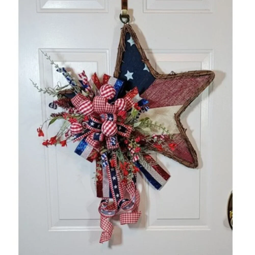 Stars / Stripes Wreath, Red White Blue Burlap Star 4th July Wreath, Hand Crafted